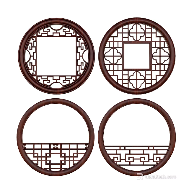 Traditional Chinese Round Carved Lattice Windows With Wooden Frame And Intricate Patterns 3d model 