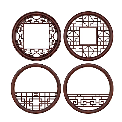 Traditional Chinese Round Carved Lattice Windows With Wooden Frame And Intricate Patterns 3d model