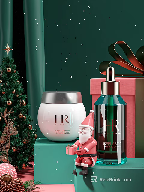 HR Luxury Skincare Face Cream And Serum Christmas Gift Box With Santa Decoration And Tree 3d model 