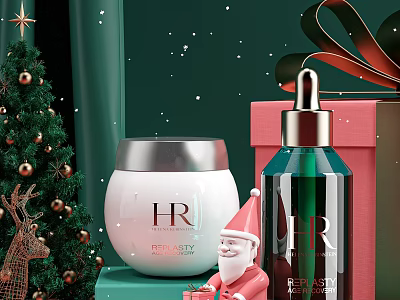 HR Luxury Skincare Face Cream And Serum Christmas Gift Box With Santa Decoration And Tree 3d model