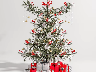 Festive Christmas Tree Adorned With Red Berries White Snowflakes And Gifts 3d model