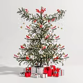 Festive Christmas Tree Adorned With Red Berries White Snowflakes And Gifts