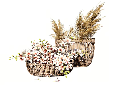 Beautiful Flowers And Dried Grass In Woven Baskets With White Pink Blooms 3d model