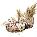 Beautiful Flowers And Dried Grass In Woven Baskets With White Pink Blooms