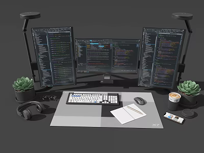 Programming Computer Workstation with Multiple Monitors Displaying Code Keyboard Mouse Succulent Plant and Coffee Cup 3d model