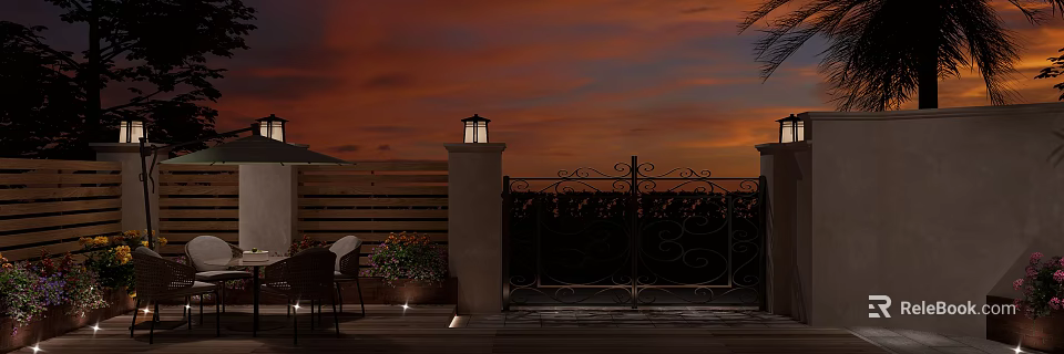 Scenic Garden Landscape With Wrought Iron Gate Stone Pillars Lanterns And Sunset View 3d model 