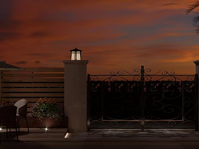 Scenic Garden Landscape With Wrought Iron Gate Stone Pillars Lanterns And Sunset View 3d model