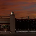 Scenic Garden Landscape With Wrought Iron Gate Stone Pillars Lanterns And Sunset View