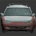 Red and White Station Wagon with Roof Rack Rain Droplets and Dirty Wheels