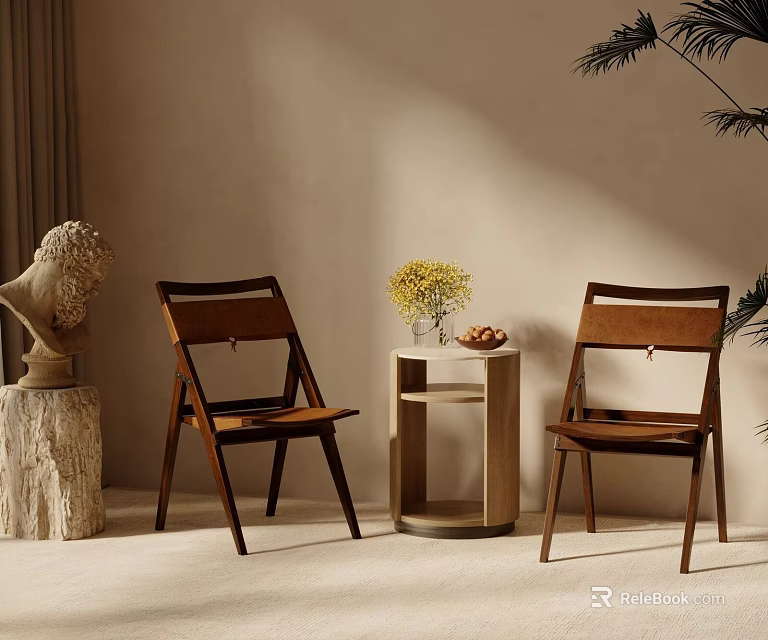 Elegant Interior Wooden Chairs Small Table With Yellow Flowers And Fruits 3d model 