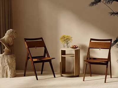 Elegant Interior Wooden Chairs Small Table With Yellow Flowers And Fruits 3d model