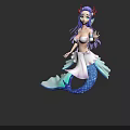 Fantasy Mermaid Character With Blue Eyes Purple Hair Red Headpiece And Blue White Fish Tail