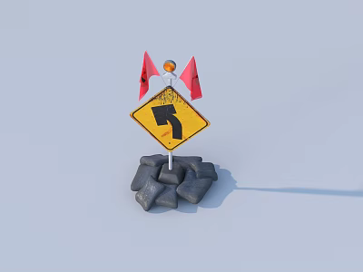 Road Facilities With Yellow Warning Sign Red Flags And Black Stones 3d model