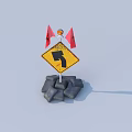 Road Facilities With Yellow Warning Sign Red Flags And Black Stones