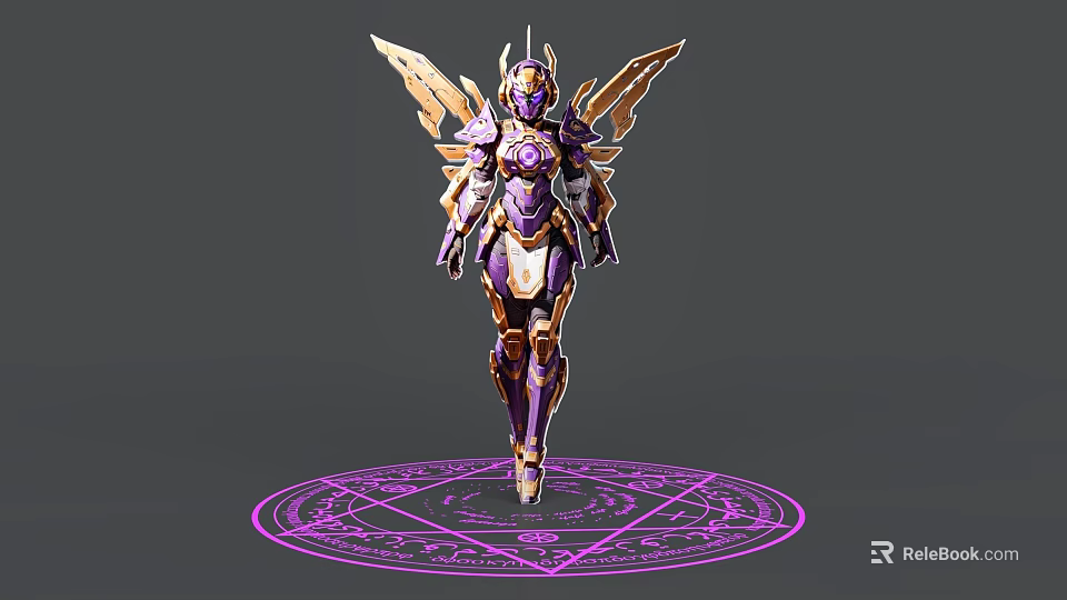 Fantasy Game Movie Character in Purple Gold Armor with Wings on Magic Circle 3d model 