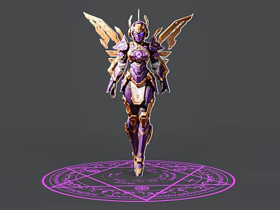 Fantasy Game Movie Character in Purple Gold Armor with Wings on Magic Circle 3d model