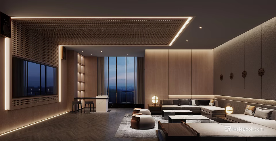 Modern Home Theater Room Interior With Wooden Walls Large Windows Comfortable Sofa And Warm Lighting 3d model 