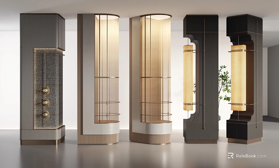 Modern Exhibition Hall Stylistic Columns with Lighting and Unique Design Elements 3d model 