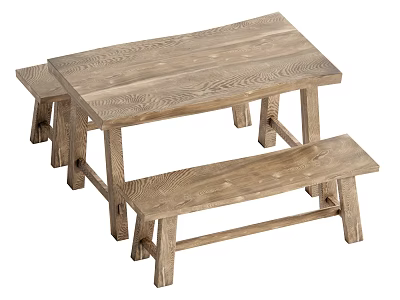 Rustic Wooden Dining Table Set With Rectangular Table And Matching Benches 3d model