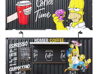 Industrial Equipment Container Coffee Shop With Homer Simpson Donut Latte And Cappuccino Signs 3d model