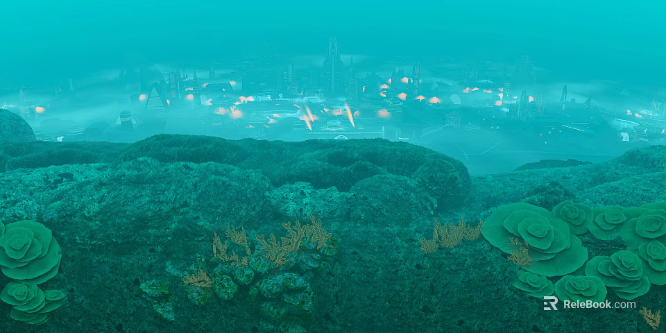 Birds Eye View Planning of Underwater City with Rock Formations Coral and Illuminated Architectural Outlines 3d model 