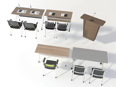 Wooden Meeting Tables With Various Styles And Matching Chairs Plus Podium 3d model