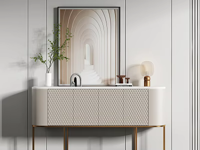 Beige Entryway Cabinet With Geometric Texture Gold Legs White Vase Green Plant And Gold Lamp 3d model