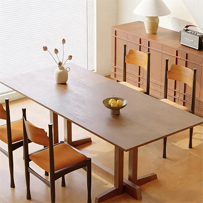 Wooden Dining Table Set With Chairs Vase And Fruit Bowl Near Window Cabinet 3d model