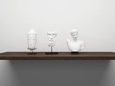 White Decorative Sculpture Ornament Set On Wooden Shelf With White Wall Background 3d model