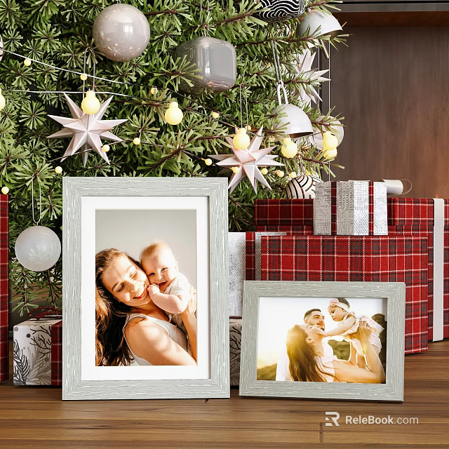 Christmas Themed Photo Frames With Family Photos Near Decorated Tree And Gifts 3d model 