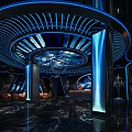 Modern Luxury KTV Interior With Blue Lighting Round Ceiling Marble Floor And Bar Counter