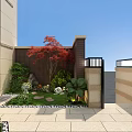 Courtyard Garden Landscape Design With Red Maple Tree Green Plants And Stone Path 3d model