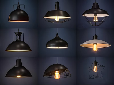 Black And White Pendant Lights With Exposed Bulbs In Round Star And Cage Designs 3d model