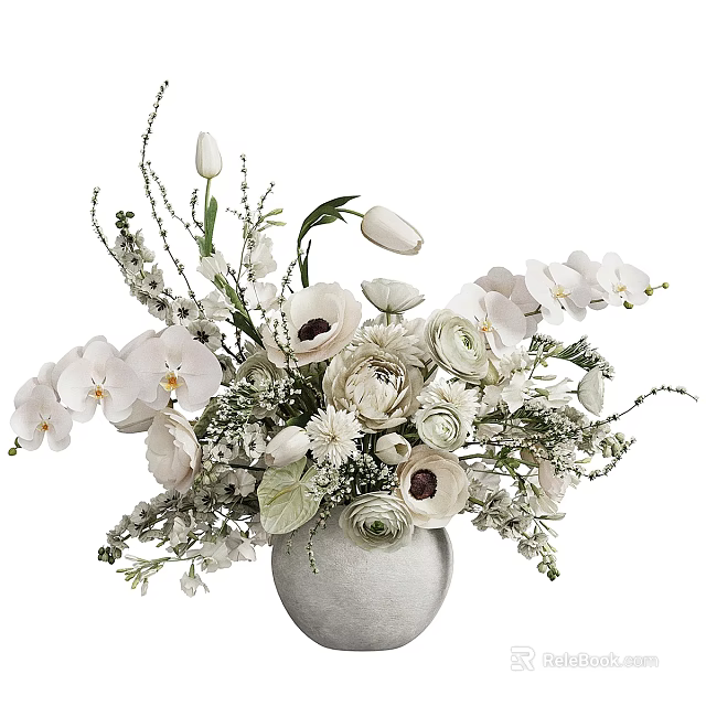 Elegant White Vase with White Orchids Tulips Ranunculus and Fresh Green Foliage 3d model 
