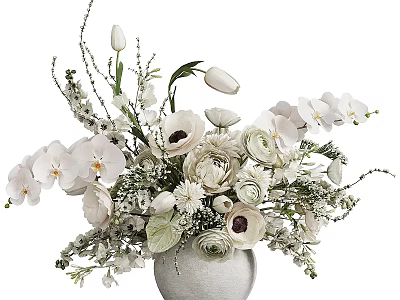 Elegant White Vase with White Orchids Tulips Ranunculus and Fresh Green Foliage 3d model