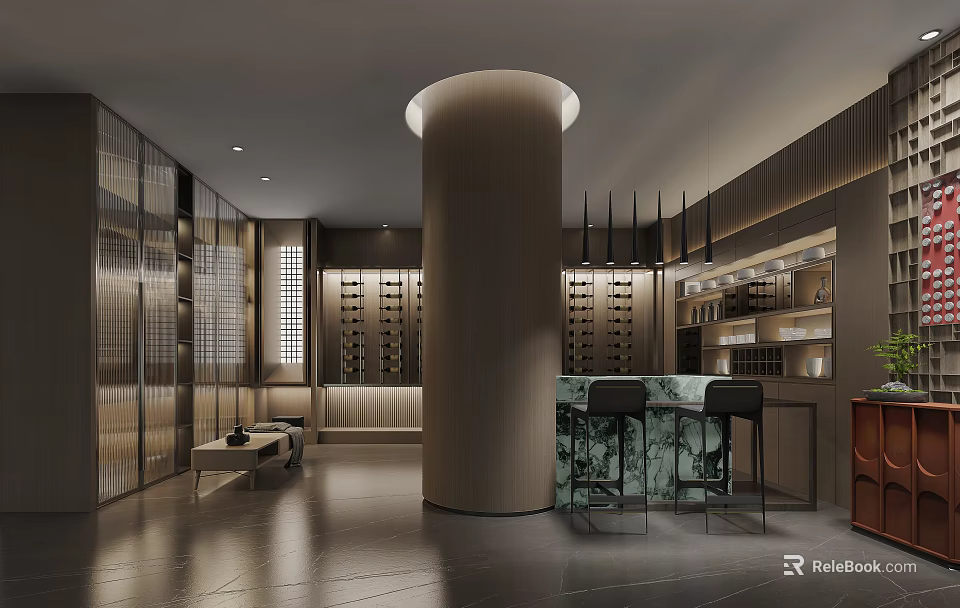 Modern Bar Interior With Wooden Decor Round Pillar High Stools And Wine Racks 3d model 