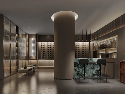 Modern Bar Interior With Wooden Decor Round Pillar High Stools And Wine Racks 3d model