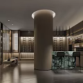 Modern Bar Interior With Wooden Decor Round Pillar High Stools And Wine Racks