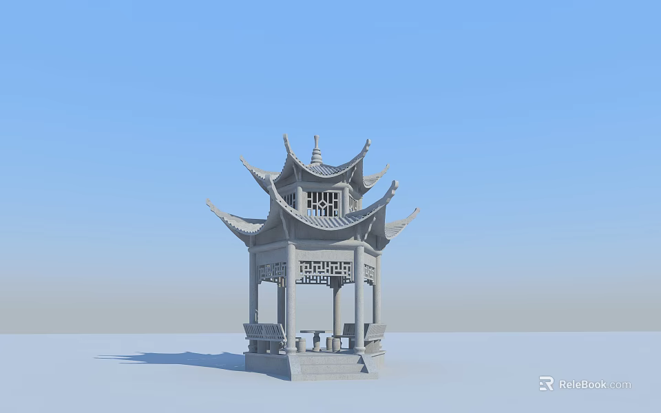 Traditional Chinese Pavilion Featuring Carved Stone Structure Curved Eaves And Ornate Design 3d model 