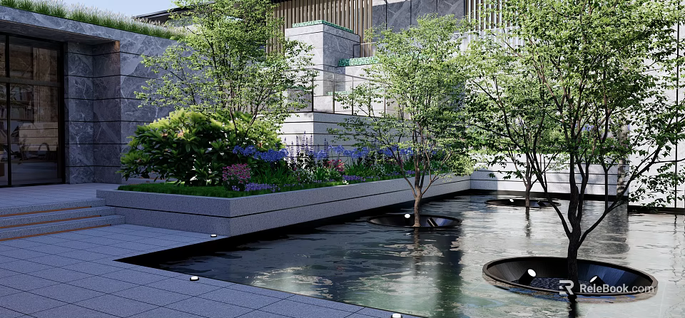Modern Scenic Wall Landscaping Design With Stone Water Pond And Green Trees 3d model 