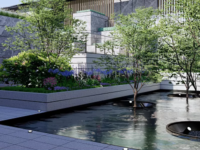 Modern Scenic Wall Landscaping Design With Stone Water Pond And Green Trees 3d model