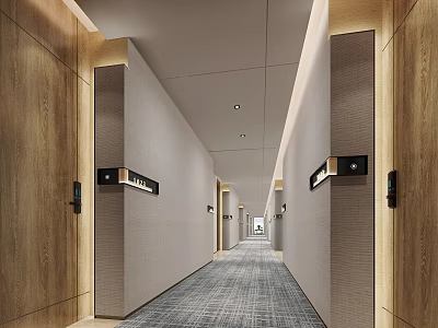 Modern Hotel Corridor With Wooden Walls Soft Lighting Patterned Carpet And Room Doors 3d model