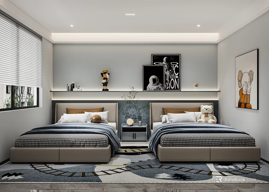 Kids Room Interior Design With Two Single Beds Teddy Bear Decorative Paintings Rug And Blinds 3d model 