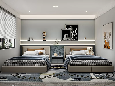 Kids Room Interior Design With Two Single Beds Teddy Bear Decorative Paintings Rug And Blinds 3d model