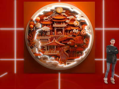 Chinese Themed Photo Spot With Circular Display Of Traditional Architecture And Lanterns 3d model