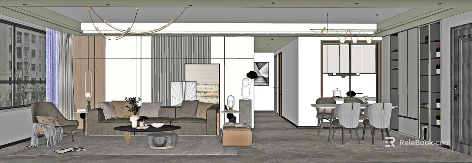Modern Living Dining Room Interior Design With Sofa Coffee Table Chandeliers And Dining Chairs 3d model 