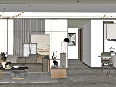 Modern Living Dining Room Interior Design With Sofa Coffee Table Chandeliers And Dining Chairs 3d model