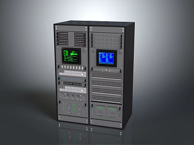 Modern Industrial Control Panel with Dual Display Screens Buttons and Green Blue Interface Indicators 3d model