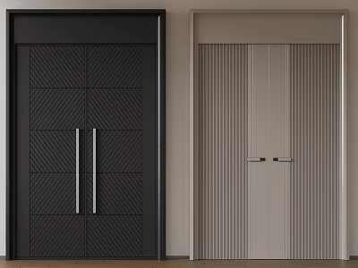 Modern Double Doors with Black Geometric Pattern and Light Gray Vertical Stripes Design 3d model