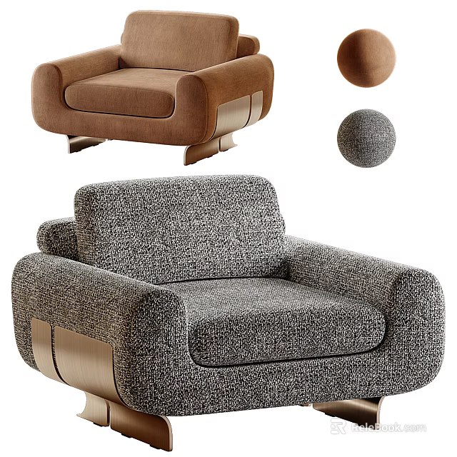Modern Fabric Accent Chairs in Brown and Gray with Rounded Design and Wooden Legs 3d model 